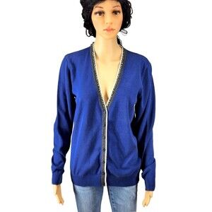 Cardigan Sweater by Pierri New York, Blue Cardigan with Bling Trim, Med